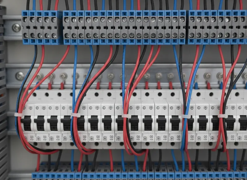 Geöffneter Schaltschrank mit Reihenklemmen und Sicherungsautomaten