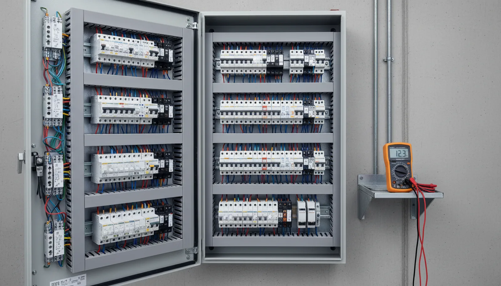 Geöffneter Elektroverteilerschrank mit Sicherungsautomaten und einem Prüfgerät auf dem Ablagebrett