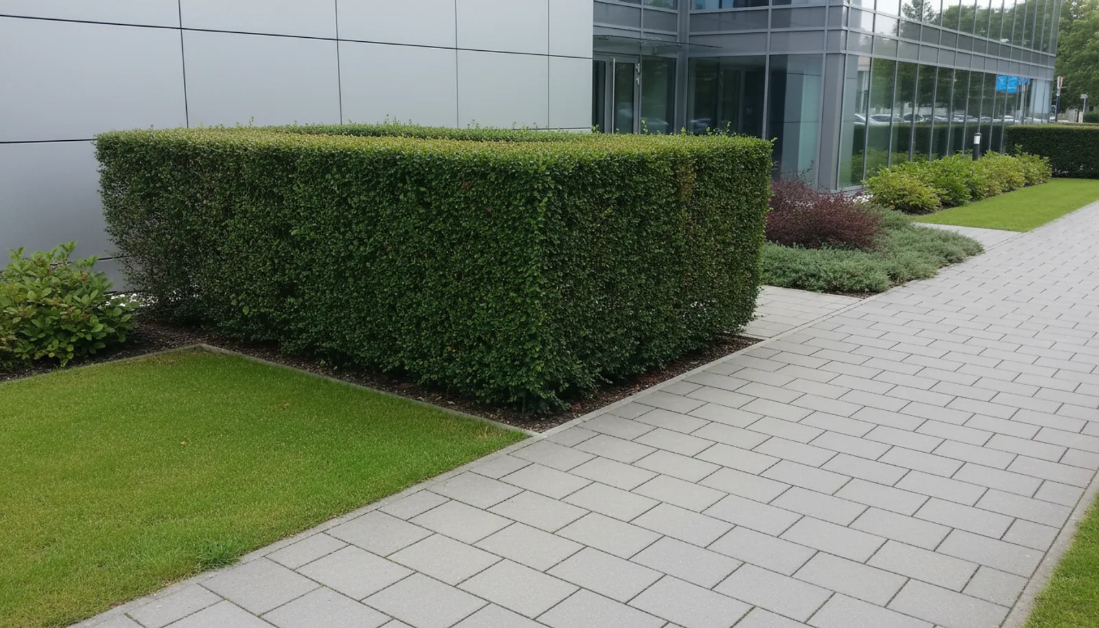Geschnittene Hecke und gepflegte Rasenkante entlang eines Pflasterwegs auf einem Firmengelände