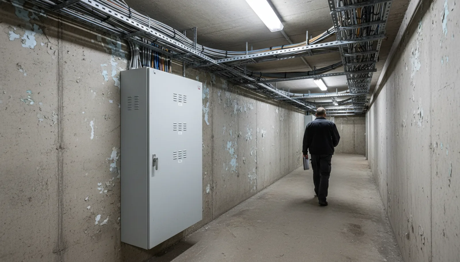Hausmeister mit Klemmbrett bei einem Kontrollgang im Technikgang eines Gewerbegebäudes