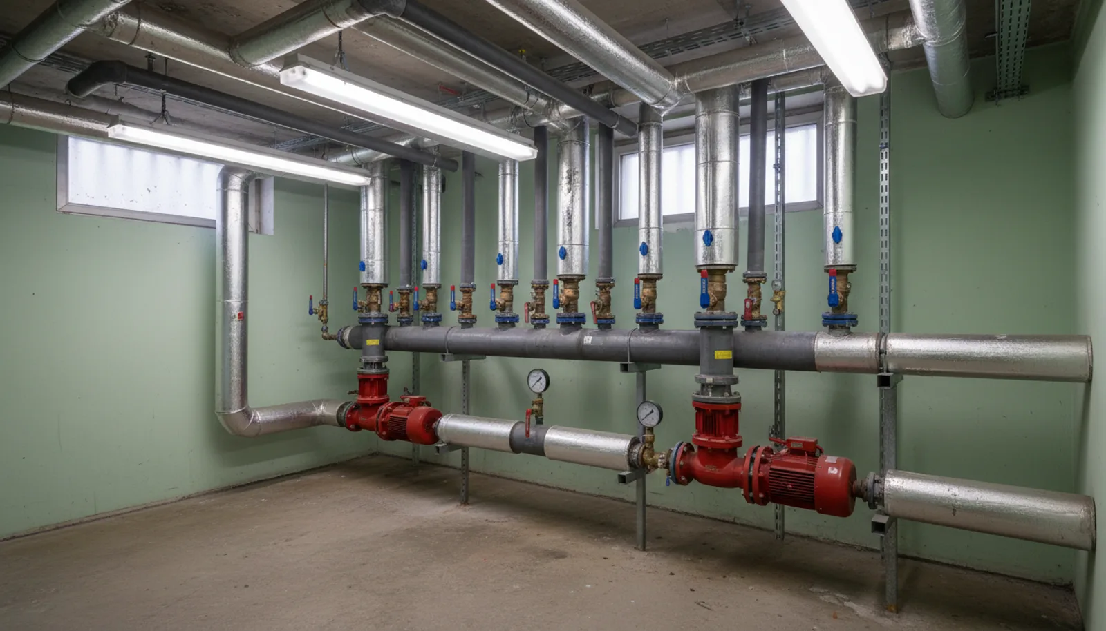 Technikraum mit Heizungsverteiler, gedämmten Rohrleitungen und Pumpen in einem Gewerbeobjekt