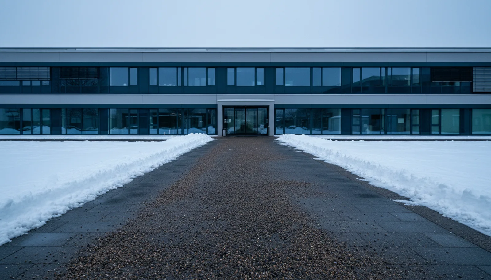 Geräumter und gestreuter Gehweg vor einem Gewerbegebäude in der Morgendämmerung